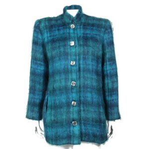 Vintage Turquoise Blue Plaid Mohair Blend Button Up High Neck Jacket sz M /778